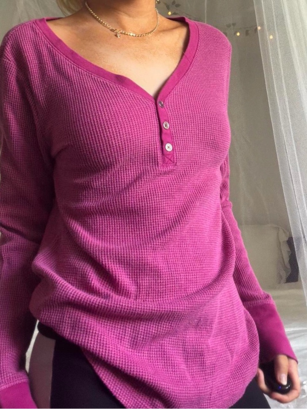 Faded Glory Pink Waffle Henley Top